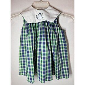 Vintage Kelly's Kids classic Plaid Dress Size 18m Blue Green plaid Monogram cEc